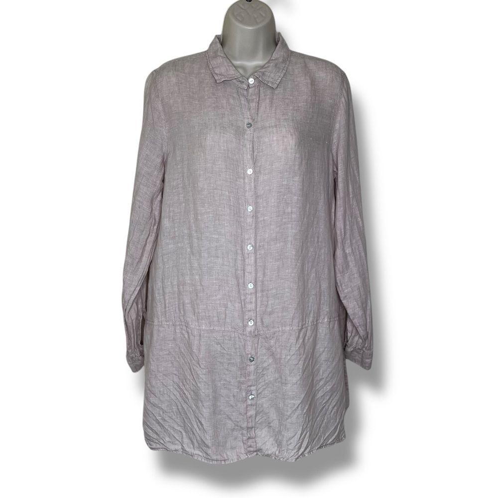 Tahari 100% Linen Tan Tunic Shirt Long Sleeve Button Front Women Medium READ